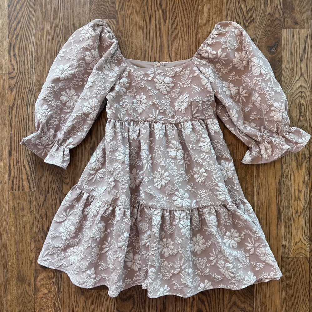 entro Tan Floral Babydoll Dress Small Puff Sleeve Cottagecore Boho - Picture 2 of 6